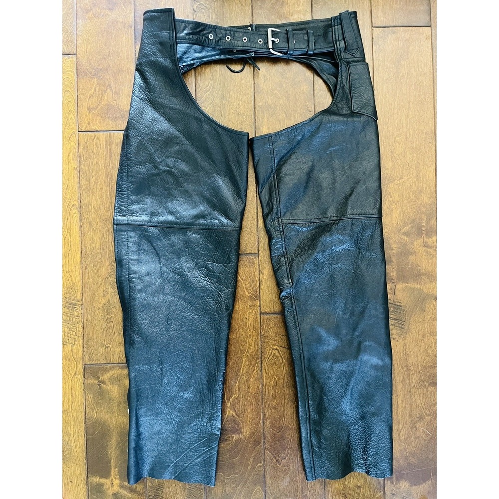 M.M. Leather Unisex Black Genuine Leather Motorcycle Chaps Zipper Snaps Size M
